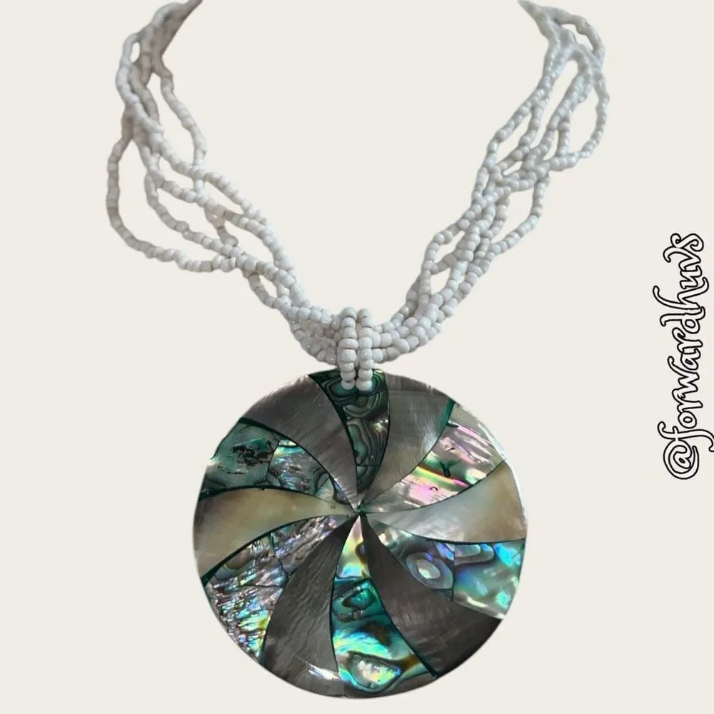 Seed Bead Necklace with Mother of Pearl and Abalone Pendant